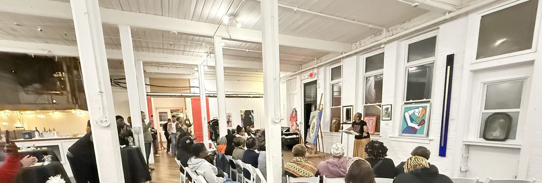 A full house gathers at the Armstrong Gallery for a community event inside The Knowlton in Bridgeport, CT.